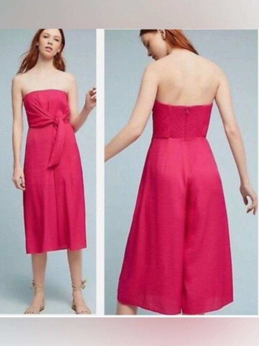 Anthropologie Maeve Strapless Tie Waist Wide Leg Crop Jumpsuit Hot Pink Size 14